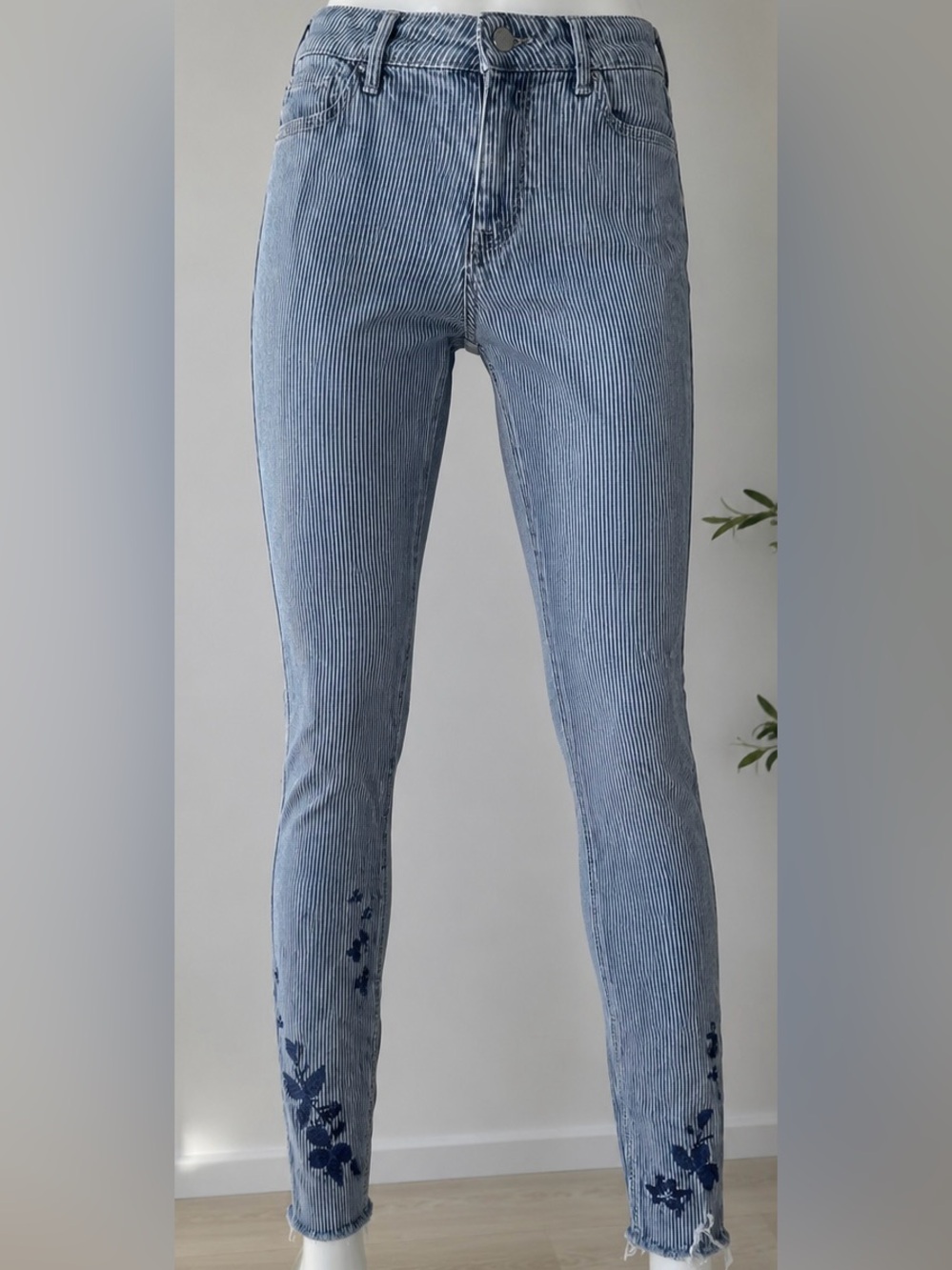 Old Navy Blue Pinstripe Skinny Jeans with Floral Hem Embroidery